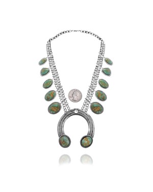 Squash Blossom .925 Sterling Silver Certified Authentic Handmade Navajo Native American Natural Turquoise Necklace 35122 Squash Blossom .925 Sterling Silver Certified Authentic Handmade Navajo Native American Natural Turquoise Necklace 35122