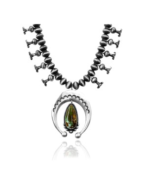Squash Blossom .925 Sterling Silver Certified Authentic Handmade Navajo Native American Natural Turquoise Necklace 35128