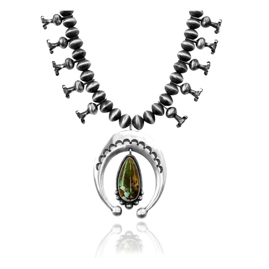 Squash Blossom .925 Sterling Silver Certified Authentic Handmade Navajo Native American Natural Turquoise Necklace 35128