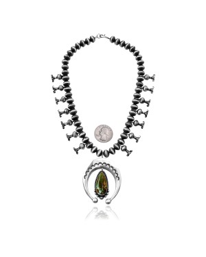 Squash Blossom .925 Sterling Silver Certified Authentic Handmade Navajo Native American Natural Turquoise Necklace 35128 Squash Blossom .925 Sterling Silver Certified Authentic Handmade Navajo Native American Natural Turquoise Necklace 35128