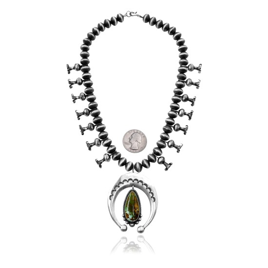 Squash Blossom .925 Sterling Silver Certified Authentic Handmade Navajo Native American Natural Turquoise Necklace 35128