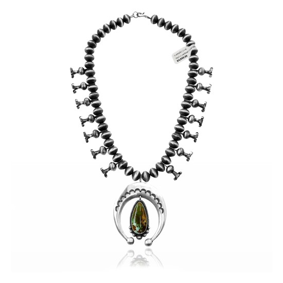 Squash Blossom .925 Sterling Silver Certified Authentic Handmade Navajo Native American Natural Turquoise Necklace 35128