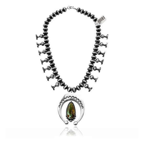 Squash Blossom .925 Sterling Silver Certified Authentic Handmade Navajo Native American Natural Turquoise Necklace 35128