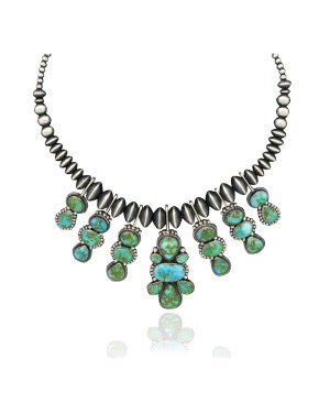 Wave .925 Sterling Silver Certified Authentic Handmade Navajo Native American Natural Turquoise Necklace 35129