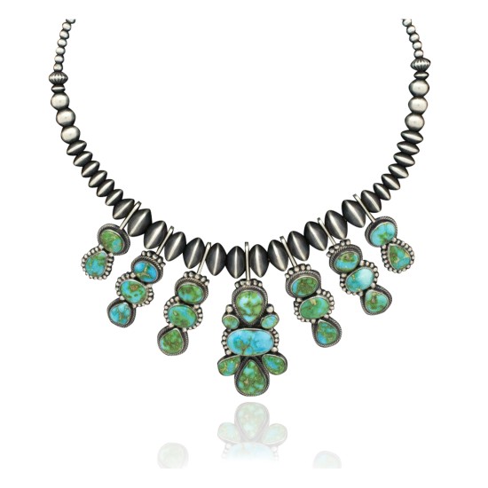 Wave .925 Sterling Silver Certified Authentic Handmade Navajo Native American Natural Turquoise Necklace 35129