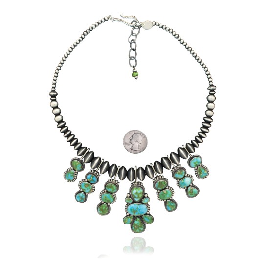 Wave .925 Sterling Silver Certified Authentic Handmade Navajo Native American Natural Turquoise Necklace 35129
