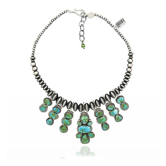 Wave .925 Sterling Silver Certified Authentic Handmade Navajo Native American Natural Turquoise Necklace 35129