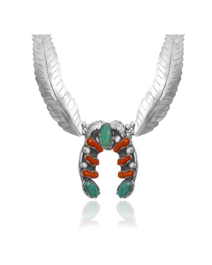 Squash Blossom .925 Sterling Silver Certified Authentic Handmade Navajo Native American Natural Turquoise Coral Necklace 35130