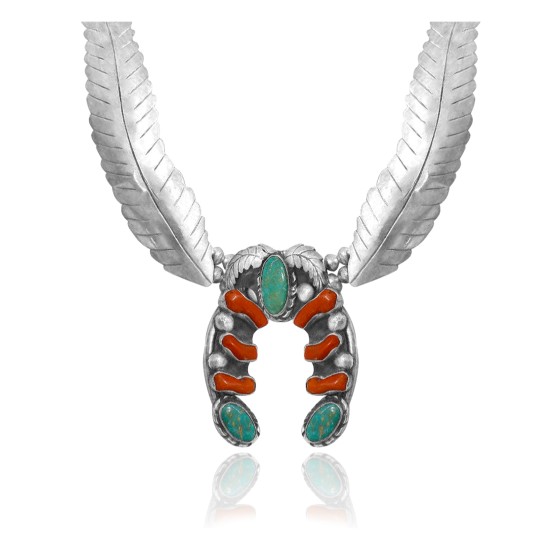 Squash Blossom .925 Sterling Silver Certified Authentic Handmade Navajo Native American Natural Turquoise Coral Necklace 35130 Squash Blossom .925 Sterling Silver Certified Authentic Handmade Navajo Native American Natural Turquoise Coral Necklace 35130