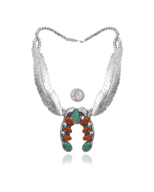 Squash Blossom .925 Sterling Silver Certified Authentic Handmade Navajo Native American Natural Turquoise Coral Necklace 35130 Squash Blossom .925 Sterling Silver Certified Authentic Handmade Navajo Native American Natural Turquoise Coral Necklace 35130