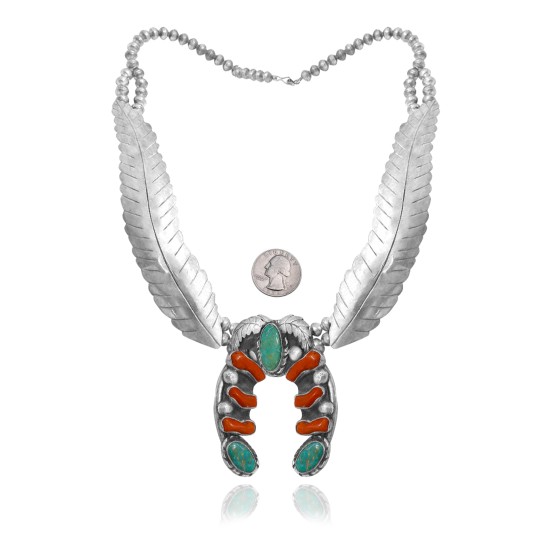 Squash Blossom .925 Sterling Silver Certified Authentic Handmade Navajo Native American Natural Turquoise Coral Necklace 35130 Squash Blossom .925 Sterling Silver Certified Authentic Handmade Navajo Native American Natural Turquoise Coral Necklace 35130