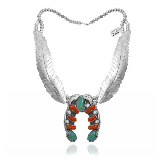 Squash Blossom .925 Sterling Silver Certified Authentic Handmade Navajo Native American Natural Turquoise Coral Necklace 35130 Squash Blossom .925 Sterling Silver Certified Authentic Handmade Navajo Native American Natural Turquoise Coral Necklace 35130