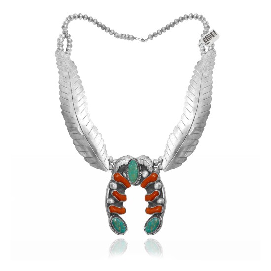 Squash Blossom .925 Sterling Silver Certified Authentic Handmade Navajo Native American Natural Turquoise Coral Necklace 35130 Squash Blossom .925 Sterling Silver Certified Authentic Handmade Navajo Native American Natural Turquoise Coral Necklace 35130