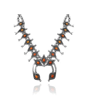 Squash Blossom .925 Sterling Silver Certified Authentic Handmade Navajo Native American Coral Necklace 35131