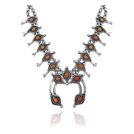 Squash Blossom .925 Sterling Silver Certified Authentic Handmade Navajo Native American Coral Necklace 35131 Squash Blossom .925 Sterling Silver Certified Authentic Handmade Navajo Native American Coral Necklace 35131