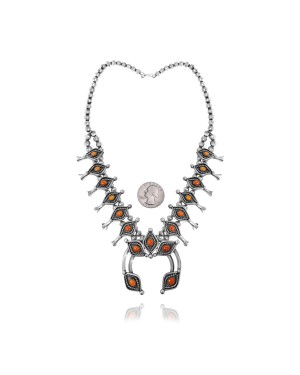 Squash Blossom .925 Sterling Silver Certified Authentic Handmade Navajo Native American Coral Necklace 35131