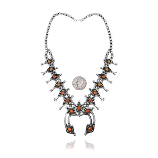 Squash Blossom .925 Sterling Silver Certified Authentic Handmade Navajo Native American Coral Necklace 35131 Squash Blossom .925 Sterling Silver Certified Authentic Handmade Navajo Native American Coral Necklace 35131