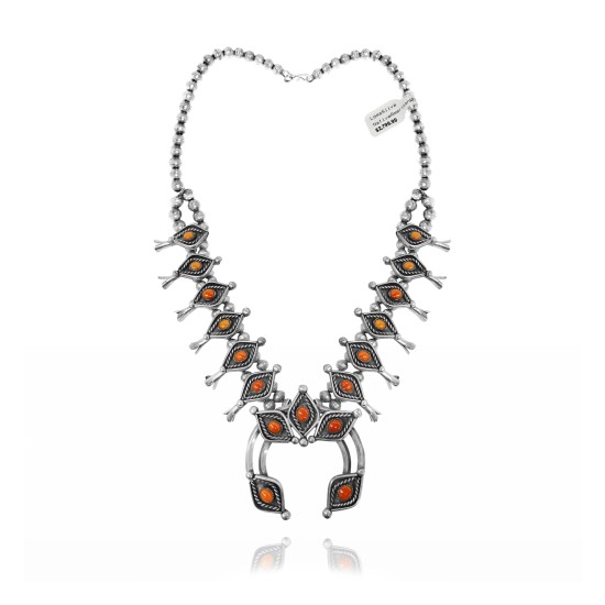 Squash Blossom .925 Sterling Silver Certified Authentic Handmade Navajo Native American Coral Necklace 35131 Squash Blossom .925 Sterling Silver Certified Authentic Handmade Navajo Native American Coral Necklace 35131