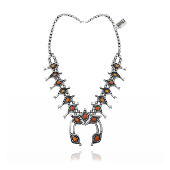 Squash Blossom .925 Sterling Silver Certified Authentic Handmade Navajo Native American Coral Necklace 35131 Squash Blossom .925 Sterling Silver Certified Authentic Handmade Navajo Native American Coral Necklace 35131