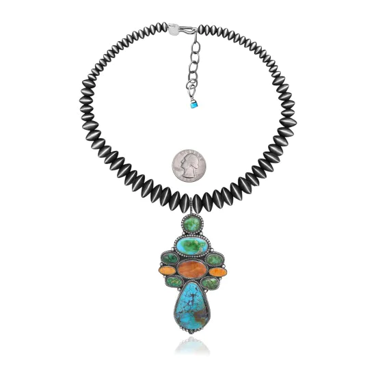 .925 Sterling Silver Handmade Navajo Native American Natural Turquoise Spiny Oyster Necklace and Pendant 35134