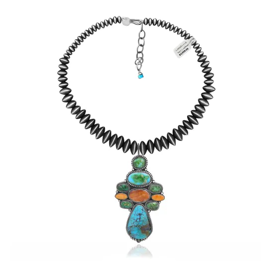 .925 Sterling Silver Handmade Navajo Native American Natural Turquoise Spiny Oyster Necklace and Pendant 35134