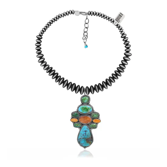 .925 Sterling Silver Handmade Navajo Native American Natural Turquoise Spiny Oyster Necklace and Pendant 35134