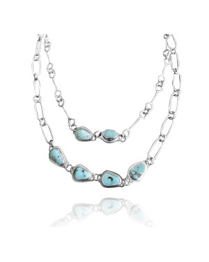 .925 Sterling Silver Certified Authentic Navajo Native American 2 strand Natural Turquoise Necklace 35138