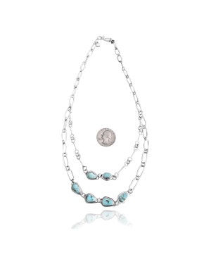 .925 Sterling Silver Certified Authentic Navajo Native American 2 strand Natural Turquoise Necklace 35138
