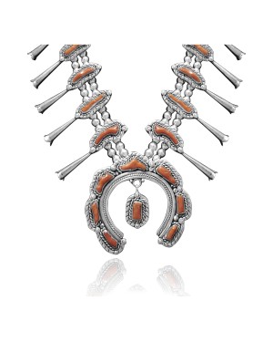 .925 Sterling Silver Certified Authentic Navajo Native American Coral Necklace 35142