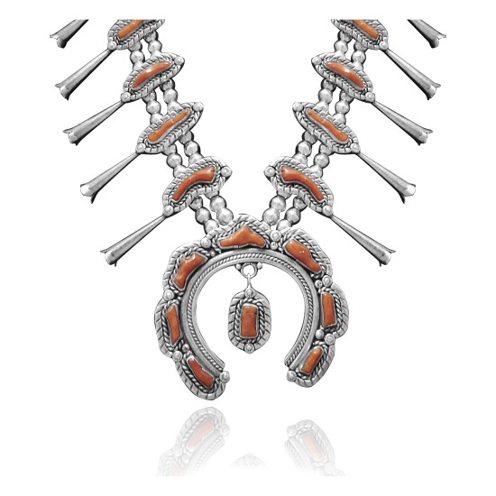 .925 Sterling Silver Certified Authentic Navajo Native American Coral Necklace 35142