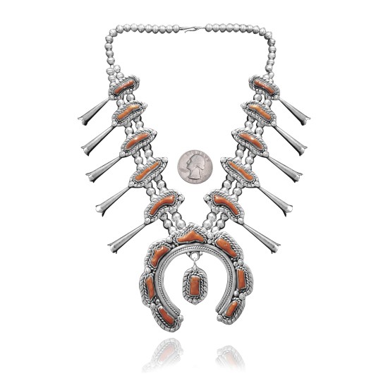.925 Sterling Silver Certified Authentic Navajo Native American Coral Necklace 35142