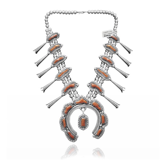 .925 Sterling Silver Certified Authentic Navajo Native American Coral Necklace 35142