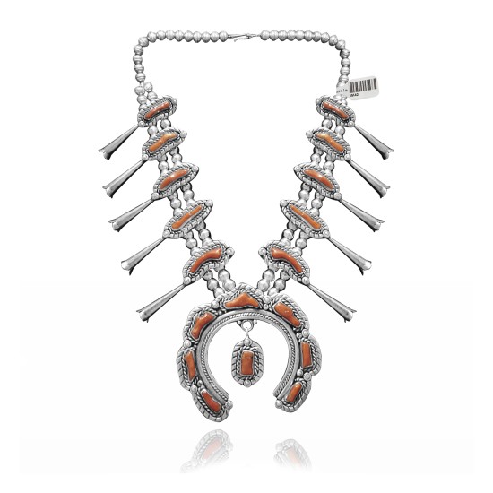 .925 Sterling Silver Certified Authentic Navajo Native American Coral Necklace 35142