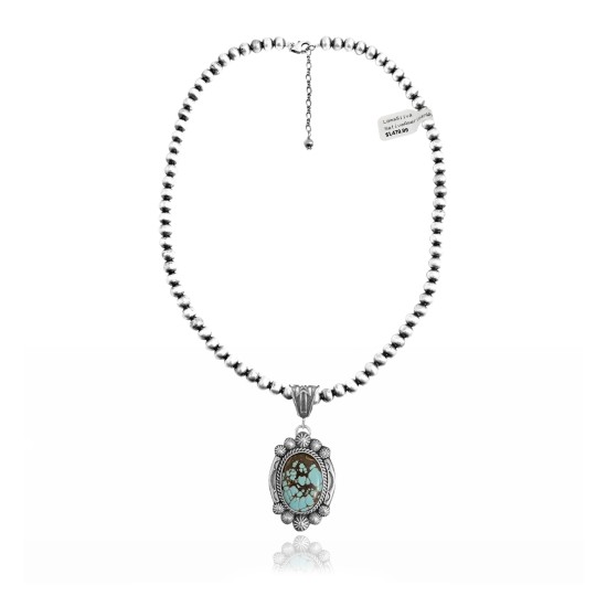 Sun .925 Sterling Silver Certified Authentic Handmade Navajo Native American Natural Turquoise Necklace 35146