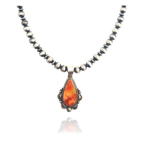 Sun .925 Sterling Silver Certified Authentic Handmade Navajo Native American Spiny Oyster Necklace 35149
