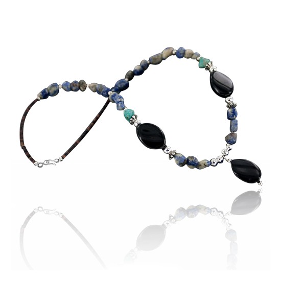 HUGE Certified Authentic Navajo .925 Sterling Silver Turquoise, Lapis and Black Onyx Native American Necklace 390907265086