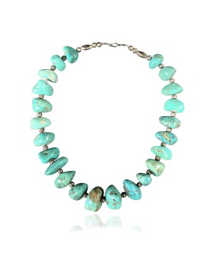 .925 Sterling Silver Certified Authentic Navajo Native American 1 strand Natural Turquoise Necklace 35150