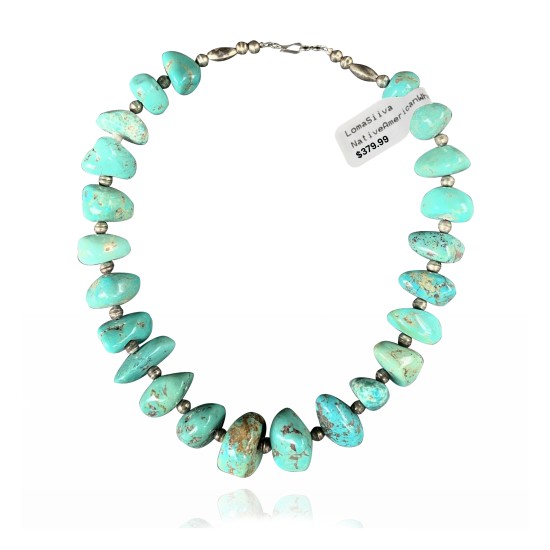 .925 Sterling Silver Certified Authentic Navajo Native American 1 strand Natural Turquoise Necklace 35150