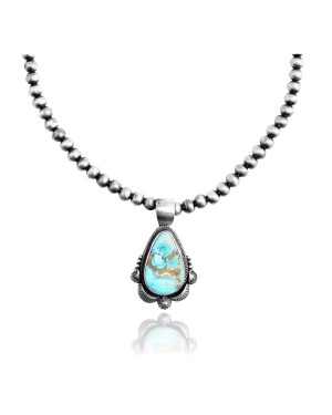 Sun .925 Sterling Silver Certified Authentic Handmade Navajo Native American Natural Turquoise Necklace 35152