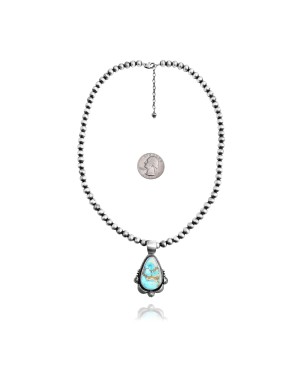 Sun .925 Sterling Silver Certified Authentic Handmade Navajo Native American Natural Turquoise Necklace 35152