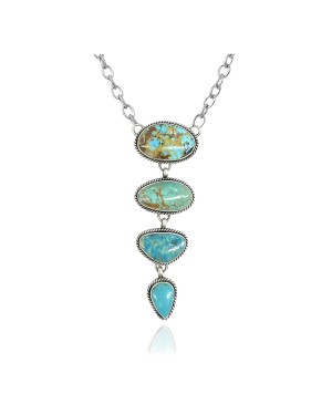 Swirl .925 Sterling Silver Certified Authentic Handmade Navajo Native American Natural Turquoise Necklace 35155