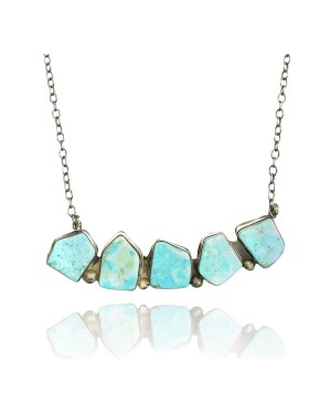 .925 Sterling Silver Certified Authentic Navajo Native American Natural Turquoise Necklace 35158