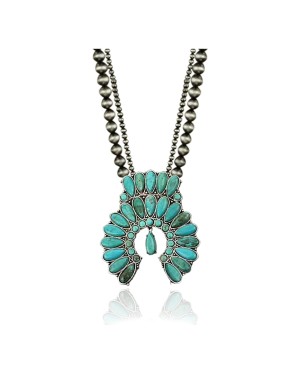 .925 Sterling Silver Certified Authentic Navajo Native American Natural Turquoise Necklace 35160