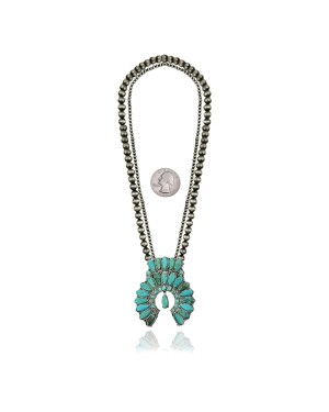 .925 Sterling Silver Certified Authentic Navajo Native American Natural Turquoise Necklace 35160