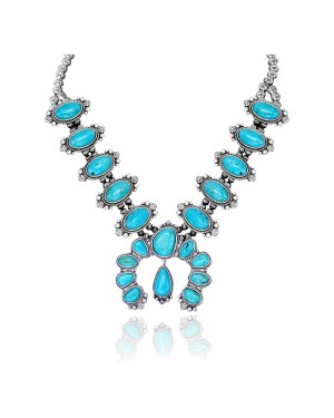 .925 Sterling Silver Certified Authentic Navajo Native American Natural Turquoise Necklace 35161