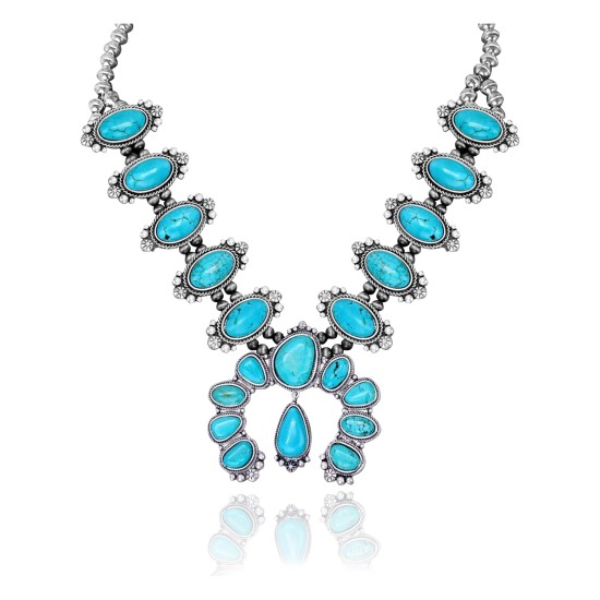 .925 Sterling Silver Certified Authentic Navajo Native American Natural Turquoise Necklace 35161