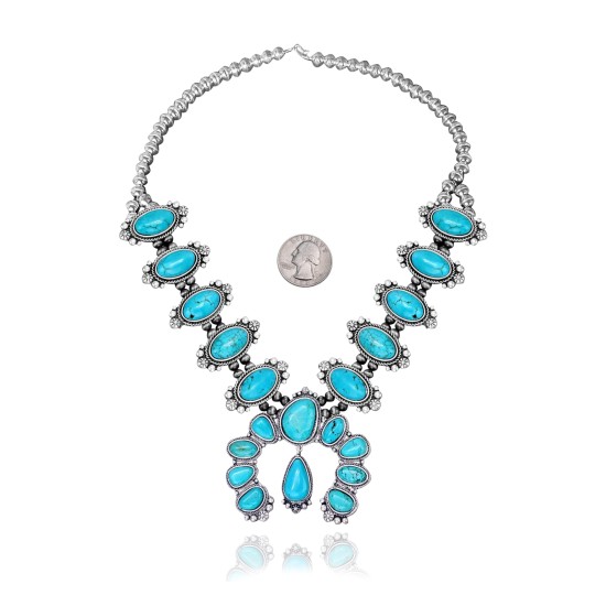 .925 Sterling Silver Certified Authentic Navajo Native American Natural Turquoise Necklace 35161