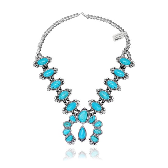 .925 Sterling Silver Certified Authentic Navajo Native American Natural Turquoise Necklace 35161