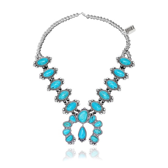 .925 Sterling Silver Certified Authentic Navajo Native American Natural Turquoise Necklace 35161
