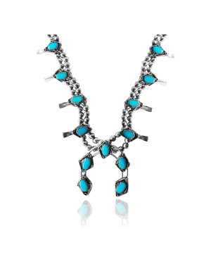 .925 Sterling Silver Certified Authentic Navajo Native American Natural Turquoise Necklace 35162